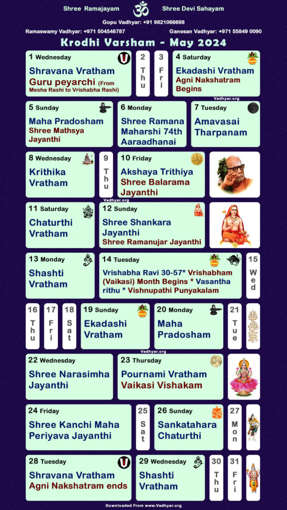 Hindu Spiritual Vedic Calendar | Krodhi Varsham - May 2024