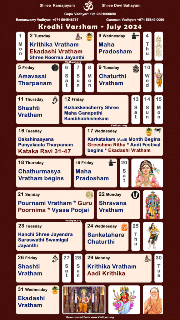 Hindu Spiritual Vedic Calendar | Krodhi Varsham - July 2024