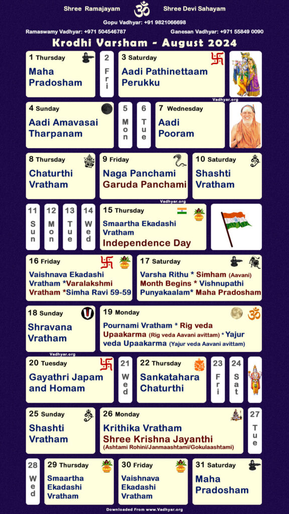 Hindu Spiritual Vedic Calendar | Krodhi Varsham - August 2024