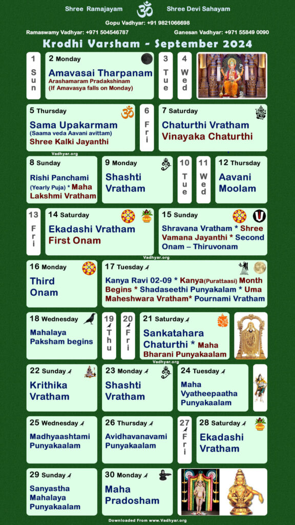 Hindu Spiritual Vedic Calendar | Krodhi Varsham - September 2024
